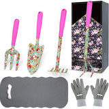 Flower Garden Tool Set 6-delige tuinset met mooie print Tuincadeaus voor vrouwen, inclusief verplantschepje, vork, handhark, cultivator, tuinhandschoenen en kniebeschermer