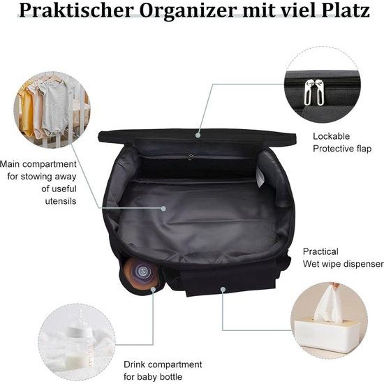 Organizer met bekerhouder/dispenser voor natte doekjes, kinderwagentas, buggy-organizertassen met ritsvak, schouderbanden, reistassen voor luiers, doekjes, mobiele telefoons, zwart