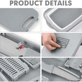 9-in-1 snijplank, multifunctioneel, keuken met 5 groentesnijders en 2 messen, draagbaar, kunststof, opvouwbare afvoermand voor camping, barbecue, outdoor