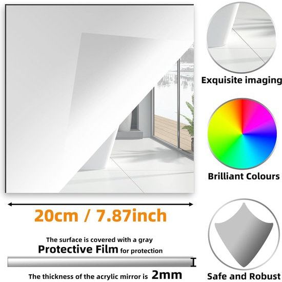 8 stuks zelfklevende tegelspiegels 20 x 20 cm, zelfklevende spiegeltegels spiegel van acryl decoratieve spiegel wanddecoratie (rechte hoek)