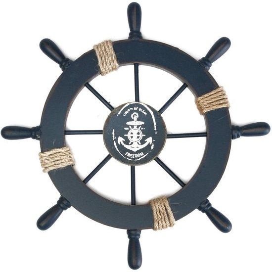 Stuurwiel met anker hout wanddecoratie scheepsstuurwiel maritieme decoratie donkerblauw