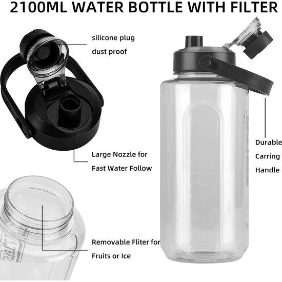 2 liter waterflessen met infuser, 2100 ml waterfles met handvat, BPA-vrij, lekvrije gymwaterflessen, kan met deksel voor fitness, sport, kamperen, fietsen, yoga, reizen, grijs