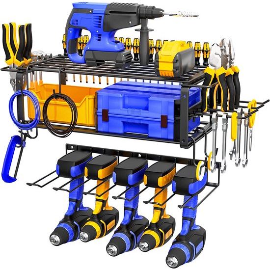 Elektrisch gereedschapsrek, gereedschapsopslag met 3 etages en 5 boormachinesleuven voor boorhamer, moersleutel, tang, wandhouder van ijzer voor werkplaats, garage, huis, zwart