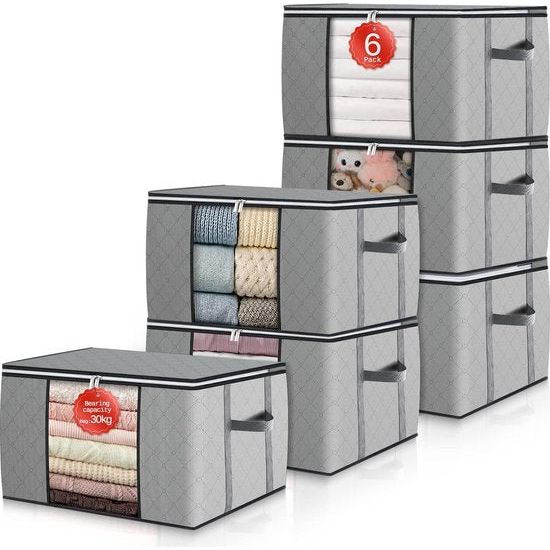 Pack van 6 opbergzakken, grote versterkte handvatten en scheurvast, opbergdoos met deksel voor kleding, dekbedden en kussens, verhuisdozen met venster, opvouwbare opbergdozen.