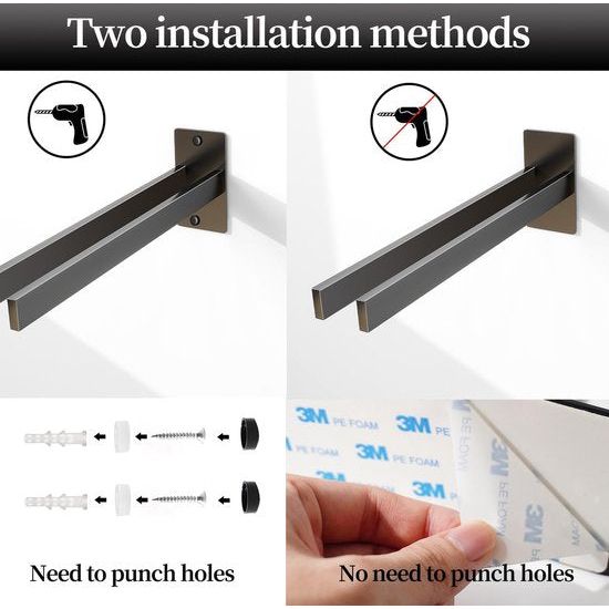 Self-Adhesive Towel Rail SUS304 Stainless Steel Material Towel Rail Double Towel Rail No Drilling Black for Kitchen, Bathroom