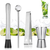 Mojito cocktailstamper, set van 4 stuks, roestvrij staal, cocktailstamper, bar tool set voor Oktoberfest, Mojito, cocktail, roerlepels met stamper, ijsclip, maatbeker Mojitoset