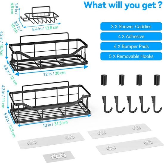 Doucheplank zonder boren, 3 stuks, roestvrij staal, douchemand met 4 + 5 haken, grote capaciteit, doucheplank voor badkamer, wasruimte, toilet, keuken, douche (zwart, 3 stuks)