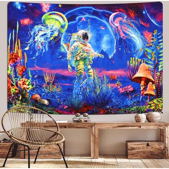 Wandtapijt astronaut op de zeegrond, psychedelisch melkwegstelsel heelal wanddoek, kwallen planten wandtapijt, esthetisch trippy tapijt, woondecoratie voor slaapkamer 210 x 150 cm