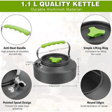 Camping kookgerei, 14-delig, aluminium campingservies, campingservies, outdoor, koken, opvouwbare kookpannenset, 1,1 l, theeketel, campingpot, outdoor, bestek, 2-3 personen