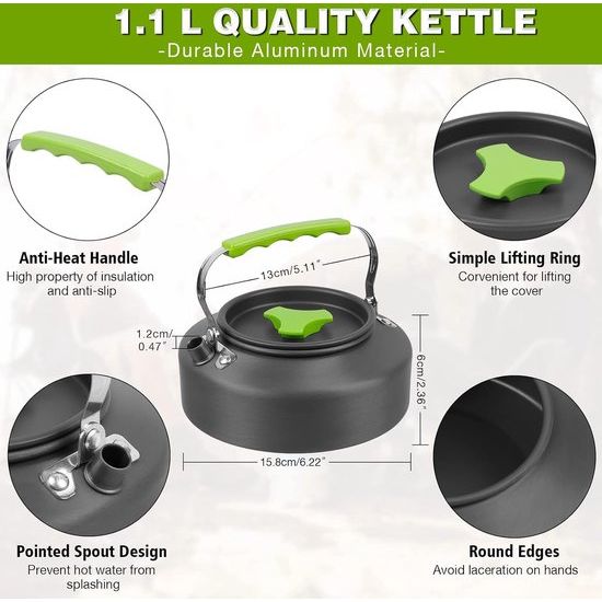 Camping kookgerei, 14-delig, aluminium campingservies, campingservies, outdoor, koken, opvouwbare kookpannenset, 1,1 l, theeketel, campingpot, outdoor, bestek, 2-3 personen