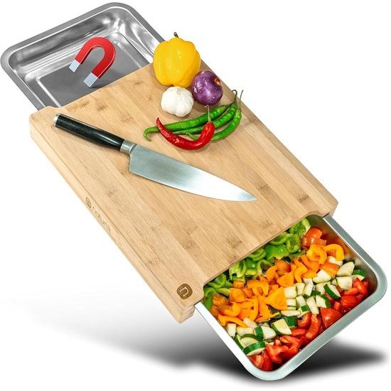 Snijplank XL met magnetische opvangbakjes, hoogwaardige FSC® bamboe snijplank met opvangbak, houten snijplank, houten plank, keuken, praktische keukenhulp