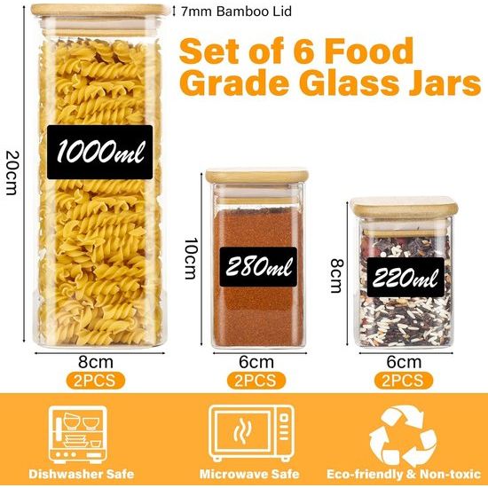 Set van 6 voorraadpotten met deksel, rechthoekig, 1000 ml/280 ml/220 ml, glazen voorraadpotten, kruidenpotjes met houten deksel, opbergpotten voor specerijen, pasta, meel, cornflakes