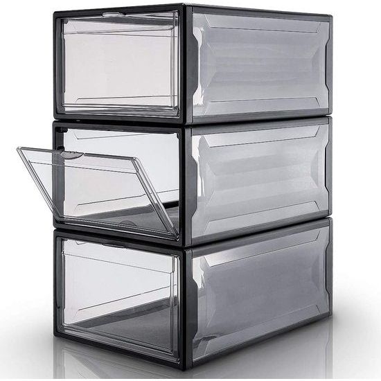 Schoenenbox, set van 3 stapelbare schoenenorganizer, kunststof doos met doorzichtige deur, herbruikbare schoenenopslag, 37 x 26 x 16 cm, voor schoenen tot maat 48, zwart