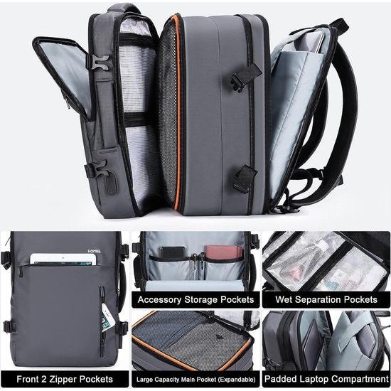 Handbagage, reisrugzak, supergrote laptoprugzak, 15,6 inch, uitbreidbaar, diefstalbestendig, waterafstotend, dagrugzak, vlieggoedgekeurd, rugzak, cabinerugzak, boordbagage, 40 liter,