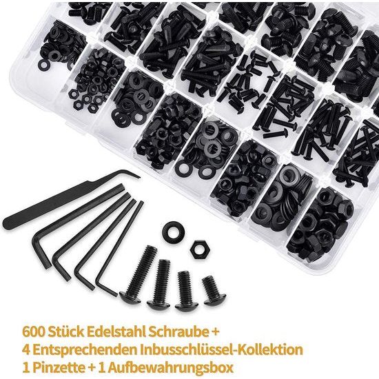 Schroevenset van 600 stuks van Koolstofstaal, M3, M4, M5, M6, lenskop, binnenste schroefdraadbouten, set met moeren, sluitringen en inbussleutels in assortimentsdoos