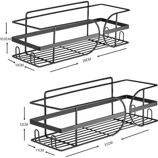 Shower Shelf, Shower Basket, No Drilling, Shower Shelf, Black, Storage Shelf, Wall Mounted Organiser, with Fixed 8 Hooks for Bathroom, Kitchen, Pack of 2