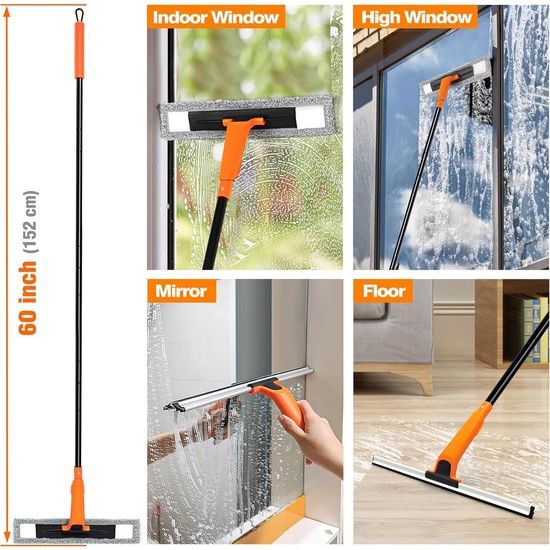 Glazenwasser met telescoopsteel 152 cm, 2 in 1 professionele ruitenwisserset met 2 microvezelpads, telescoopstang ruitenreiniging voor hoge ramen in de binnen- en buitenspiegel auto
