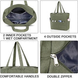 Grote strandtas met ritssluiting dames waterdichte schoudertas draagtas shopper zanddicht met ritssluiting zwembad fitness reistas familie, legergroen canvas