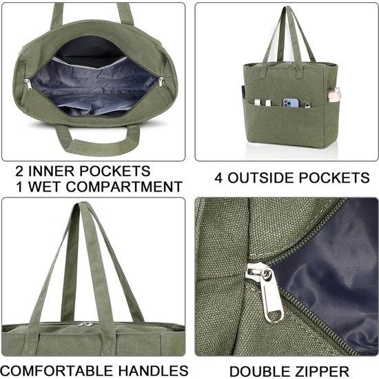 Grote strandtas met ritssluiting dames waterdichte schoudertas draagtas shopper zanddicht met ritssluiting zwembad fitness reistas familie, legergroen canvas