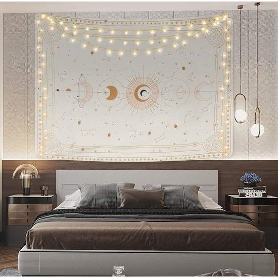Maanfasen wandtapijt, mysterieuze sterrenhemel, tarotkaarten, wandtapijt, esthetische retro astrologie, muurkunst voor slaapkamer en woonkamer, beige, 210 x 150 cm