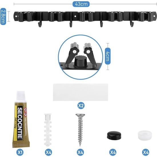 Bezemhouder voor aan de muur, tuingereedschapshouder, roestvrij staal, bezem, mophouder, zelfklevende gereedschapshouder, organizer met 5 houders en 4 haken voor thuis, keuken, garage, tuin