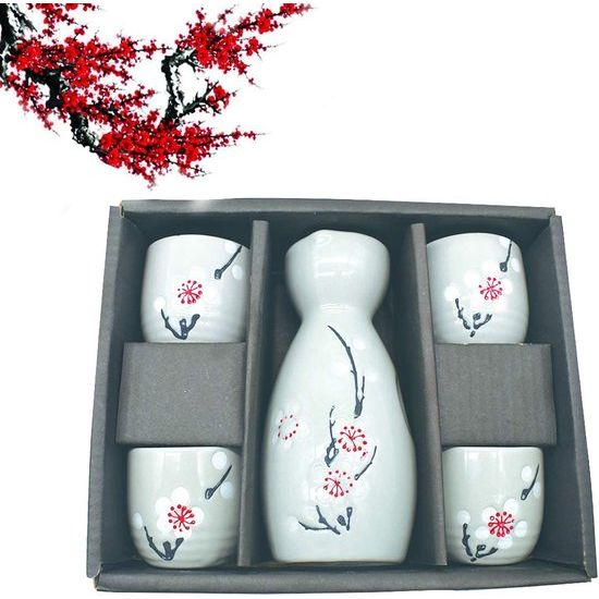 Sake Set, 5-delig, handbeschilderd, Japanse kersenbloesem, sake beker, warme wijnpot, traditionele lekkopjes, wijnglazen, knutselen, cadeau, wit