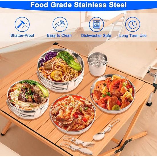 Campingserviesset 10-delig, roestvrij staal, campingbestek, accessoires, outdoor reisbestek, set voor 2 personen, met opvouwbare messen, vork, lepel, kookgerei voor picknick, backpacking,