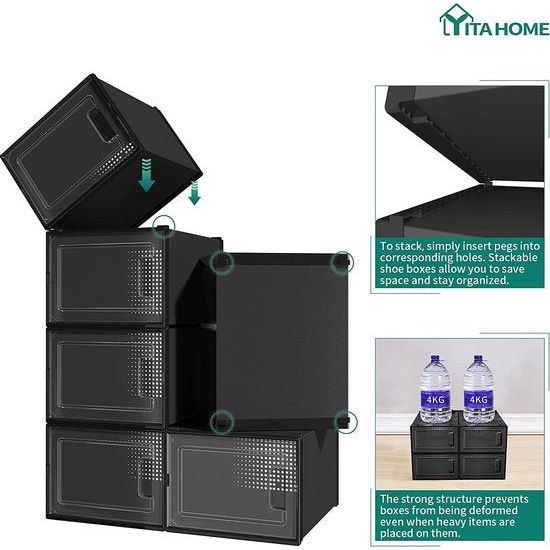 Schoenendozen, set van 6, schoenendoos stapelbaar, stabiel, opbergdozen voor schoenen met transparante deur en ventilatiegaten, voor schoenen tot maat 46, stapelbare schoenendoos zwart