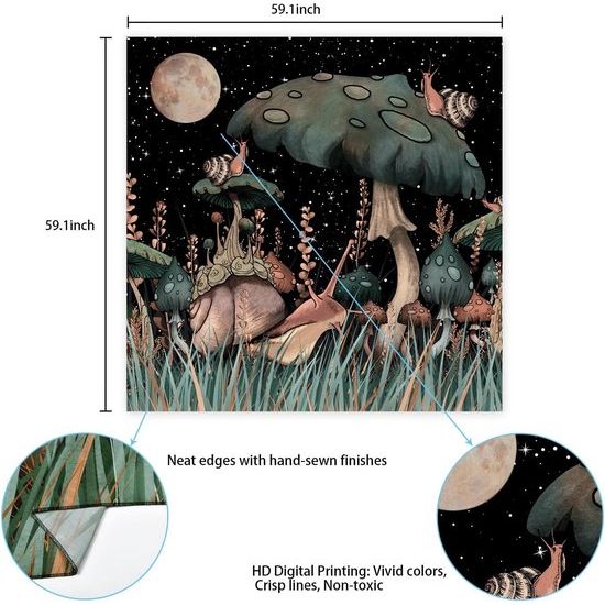 Paddestoel wandtapijt zwart bos slak wandbehang maan sterren planten wanddoek muurkunst wandtapijt voor slaapkamer woonkamer 150x150cm