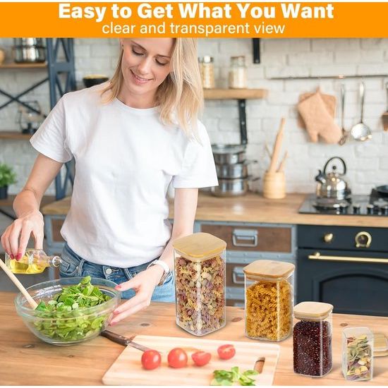 Set van 6 voorraadpotten met deksel, rechthoekig, 1000 ml/280 ml/220 ml, glazen voorraadpotten, kruidenpotjes met houten deksel, opbergpotten voor specerijen, pasta, meel, cornflakes