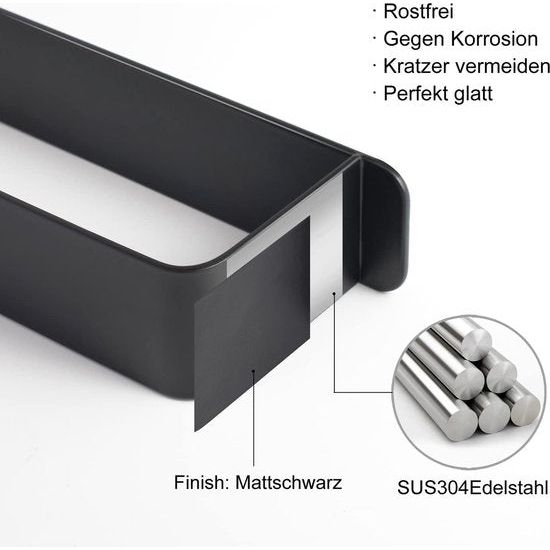 Handdoekhouder zonder boren, handdoekhouder voor gasten, zelfklevend, zonder boren, met 2 handdoekhaken, 42 cm (zwart)