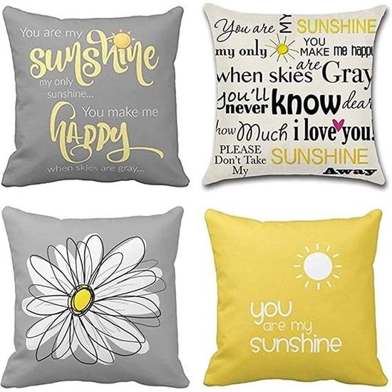 Set van 4 kussenslopen 50 x 50 cm geel en grijs wit modern Daisy You Are My Sunshine Words decoratieve outdoor kussenslopen wooncultuur vierkante kussenhoes 50 x 20 inch