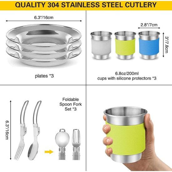 Camping serviesset, kookgerei, set, outdoor kookset, potten, aluminium met theeketel en 3 sets, opvouwbaar, roestvrij staal, bestek, campingpannenset voor 3 personen, outdoor koken