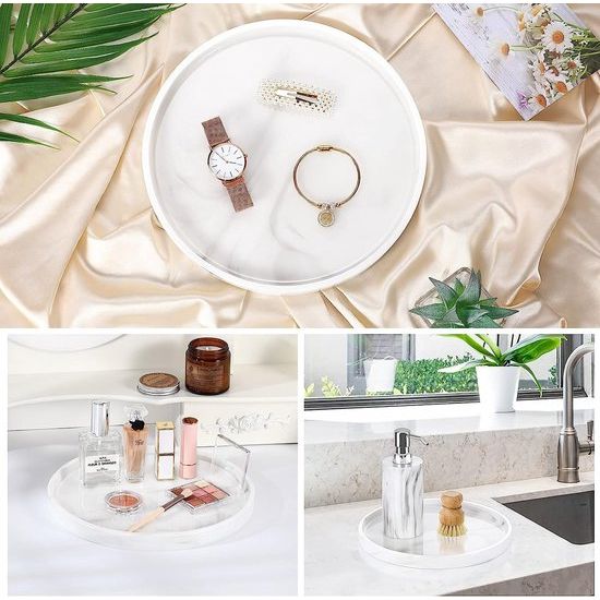 Rond dienblad decoratie, hars cosmeticakablet decoratieve schalen make-uptafel make-up dienblad decoratieve borden sieraden organizer serveerplank schaal voor cosmetica sieraden badkamer woonkamer decoratie, marmer wit