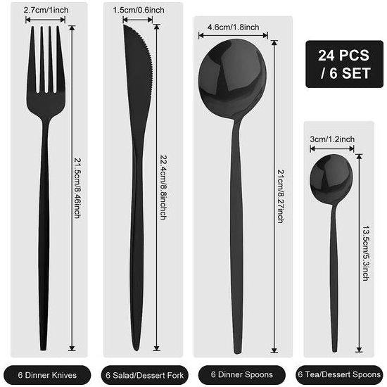 24 stuks bestekset, zwart mat, set voor 6 personen, Cutlery, spiegelgepolijst, vaatwasmachinebestendig, met bestek, messen en vorken, lepelset voor familie, party, hotel, restaurant, zwart mat