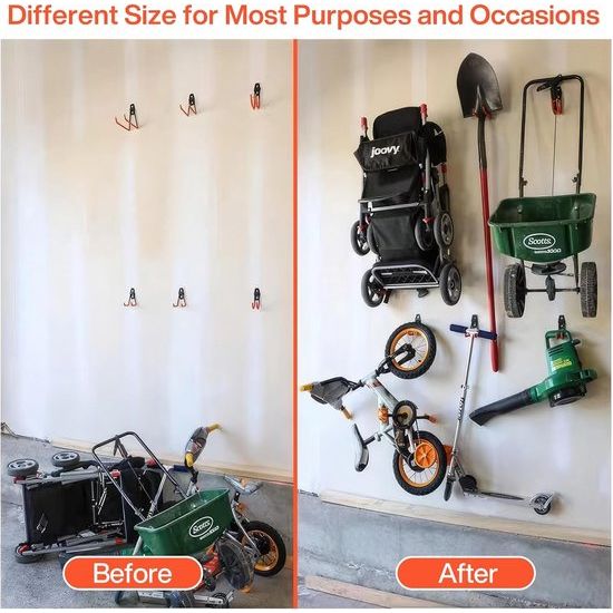 12 stuks wandhaken voor garage en 2 kabelbinders, 24 sets schroeven, garagehaken, garage opberghaken voor het organiseren van gereedschap, stoel, slang, fietsen, sportuitrusting