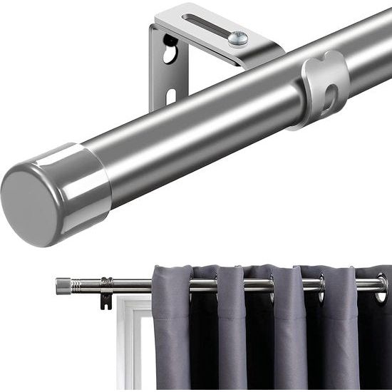 Gordijnstangen met kapknoppen, 76-157 cm, zilveren gordijnroede (zilveren eindkappen) met houders, beslagset, raamstangen voor woonkamer en buiten