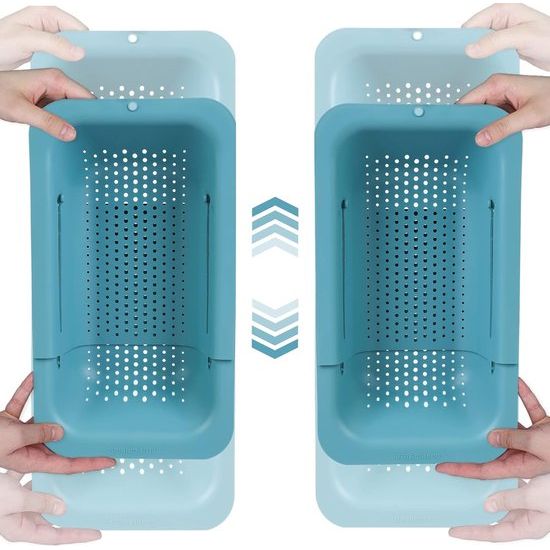 2-pack gootsteenzeefmanden voor het wassen van groenten en fruit, het aflaten van gekookte pasta en droge gerechten - uitschuifbaar - New Home Kitchen Essentials (2 blauwgroen)