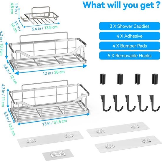Doucheplank zonder boren, 3 stuks roestvrijstalen douchemand met 4 + 5 haken, grote capaciteit, doucherek voor badkamer, wasruimte, toilet, keuken, douche (zilver)