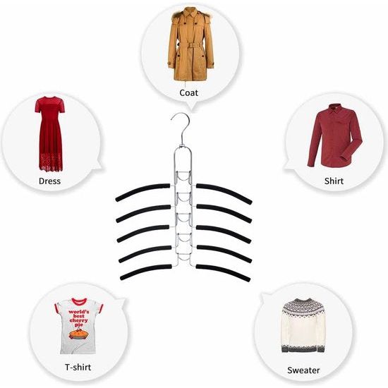 Ruimtebesparend, 5-in-1 metalen kledingrek, overhemden, kledinghanger, 2 stuks, meerdere lagen, voor jassen, mantels, truien, T-shirts