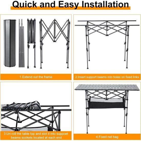 Opvouwbare campingtafel, klaptafel, campingtafel voor 4-6 personen, opvouwbare tuintafel voor buiten met netplank, opbergtas, in hoogte verstelbare klaptafel met oprolbaar tafelblad en draagtas