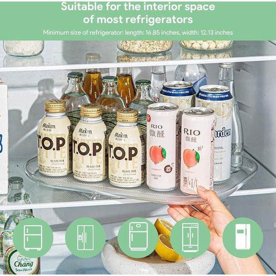 Koelkast draaiplateau, organizer, 15,67 inch draaibaar kruidenrek, koelkastorganizer, draaibaar, rechthoekige koelkast, draaiplateau met zuignap, draaibare kruidenorganizer voor de koelkast