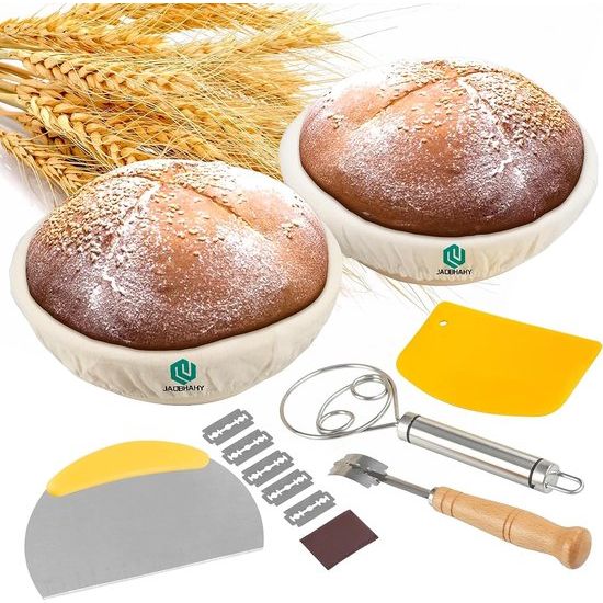 Set van 2 ronde rijsmanden om brood te bakken, 100% natuurlijk rotan, inclusief bakkersmes, deeggarde, deegschraper van roestvrij staal, TPE-deegschraper en linnen overtrek, ideaal voor zuurdesem en gistbrooddeeg