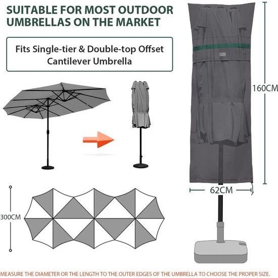 Dubbele parasol beschermhoes met staaf, afdekhoezen voor tuinscherm met ventilatieopeningen, afdekking voor ovale parasol, marktparasol, balkonscherm, 100% polyester, donkergrijs