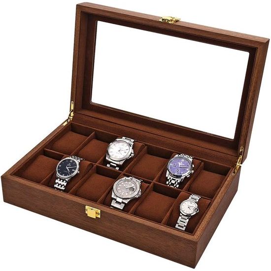 Houten horlogebox voor 12 horloges, houten horlogekast, met glazen venster, cadeau voor heren en dames