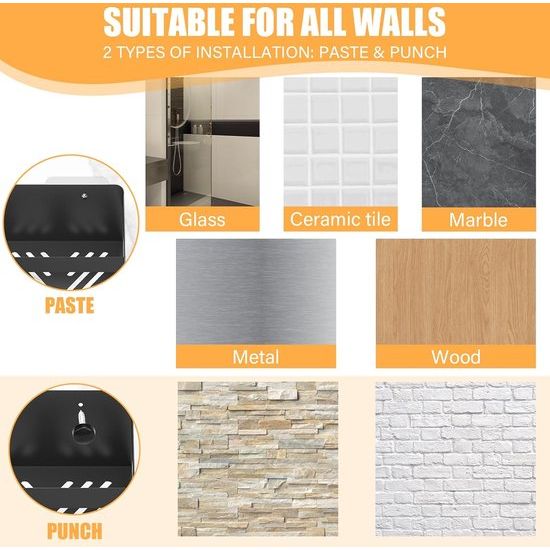 doucheplank zonder boren, 2 stuks roestvrijstalen douchemand met 4 haken, badkamerplank, roestvrije zwarte doucheplank voor badkamer en keuken. Laadvermogen ruim 15KG