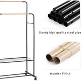 Kledingrek op wieltjes, stabiele kapstok van metaal, dubbele kledingstangen met 2 planken, belastbaar, industriële stijl, 82 x 51 x 155 cm, zwart