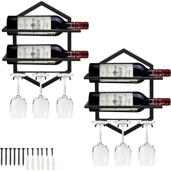 Metalen wandgemonteerde wijnhouder, wijnglashouder, hangende staande organizer voor 2 flessen en 3 glazen inbegrepen, wijnrek rode wijnrek voor thuis, keuken, bar, displaydecoratie (zwart 2)