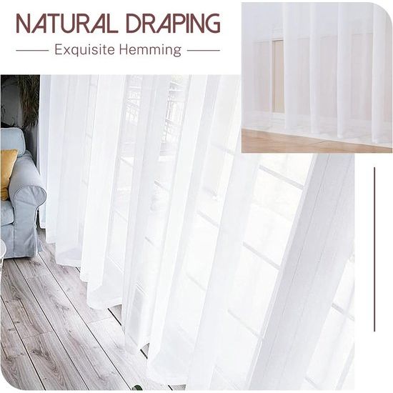 Voile gordijnen met oogjes, halftransparant, kort, linnenlook, voorhang, vitrage, wit, 145 x 140 cm (h x b) voor woonkamer, slaapkamer, kinderkamer, set van 2
