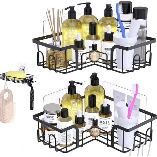 Yomisee Doucheplank zonder boren, 3 stuks, hoekrek, badkamerrek, roestvrij badkamerrek, douchemand met zeephouder, voor badkamer, keuken, douche, 6 zelfklevend, zwart